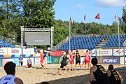 Deutsch: Beachhandball Europameisterschaften 2019 (Beach handball Euro); Tag 1: 2. Juli 2019 – Männer, Vorrunde Gruppe D, Polen-Schweden 2:1 (18:10, 15:9; 8:6) English: Beach handball Euro; Day 1: 2 July 2019 – Men Preliminary Round Group D – Poland-Sweden 2:1 (18:10, 15:9; 8:6)