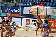 Deutsch: Beachhandball Europameisterschaften 2019 (Beach handball Euro); Tag 2: 3. Juli 2019 – Frauen, Vorrunde Gruppe C, Spanien-Griechenland 2:1 (12:20, 18:16; 8:2) English: Beach handball Euro; Day 2: 3 July 2019 – Women Preliminary Round Group C – Spain-Greece 2:1 (12:20, 18:16; 8:2)