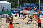 Deutsch: Beachhandball Europameisterschaften 2019 (Beach handball Euro); Tag 2: 3. Juli 2019 – Frauen, Vorrunde Gruppe C, Spanien-Griechenland 2:1 (12:20, 18:16; 8:2) English: Beach handball Euro; Day 2: 3 July 2019 – Women Preliminary Round Group C – Spain-Greece 2:1 (12:20, 18:16; 8:2)