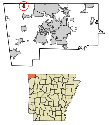 Benton County Arkansas Sisällytetyt ja rekisteröimättömät alueet Sulphur Springs Highlighted 0567760.svg
