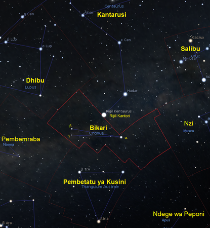 Bikari (kundinyota) Nyota za kundinyota Bikari (Circinus ) (CC BY-SA 4.0 © 2004-2016 Fabien Chereau et al. Stellarium)