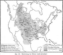 Карта истребления американского бизона к 1889 году с указанием границ начального ареала
