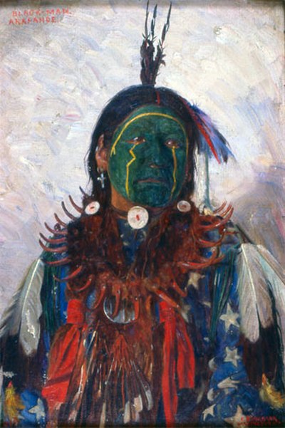 Painting of Black Man, an Arapaho warrior with face paint and feathers. By E. A. Burbank, 1899.