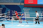 Deutsch: Boxen bei den Olympischen Jugendspielen 2018 Tag 12, 18. Oktober 2018 - Kampf um die Bronzemedaille im Fliegengewicht Mädchen – Heaven Destiny Garcia (USA, blau) schlägt Goryanana Stoeva (Bulgarien, rot) 5-0; Ringrichter ist Ishanguly Meretnyyazov (Turkmenistan). English: Boxing at the 2018 Summer Youth Olympics on 18 October 2018 – Girl's flyweight Bronze Medal Bout - Heaven Destiny Garcia (USA, blue) beats Goryanana Stoeva (Bulgaria, red) 5-0; Referee is Ishanguly Meretnyyazov (Turkmenistan). Español: Boxeo en los Juegos Olímpicos Juveniles de Verano de 2018 en 18 de octubre de 2018 - Combate a medalla de bronce de peso mosca para mujeres: Heaven Destiny Garcia (Estados Unidos, azul) le gana a Goryanana Stoeva (Bulgaria, roja) 5-0; El árbitro es Ishanguly Meretnyyazov (Turkmenistán).