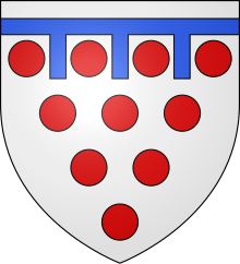 Arms of Babington: Argent, ten torteaux in chief a label of three points azure COA of Babington.svg