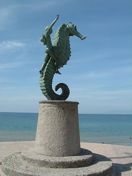 Seahorse sculpture on Playa de los Muertos; one of several large public works donated by local artists for the seaside promenade Malecon.
