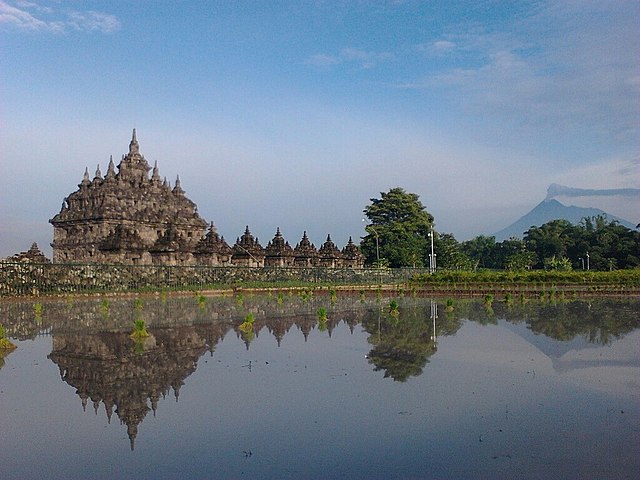 The Plaosan temple with Mount Merapi in the background