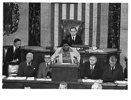 Alistair Cooke (front row, left) at the bicentennial of the First Continental Congress, September 25, 1974; Barbara Jordan addresses the joint Houses of Congress