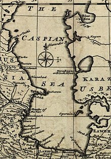 Emanuel Bowen's 1747 map of Caspian sea Caspian sea in Persian (IRAN) Empire 1747.JPG