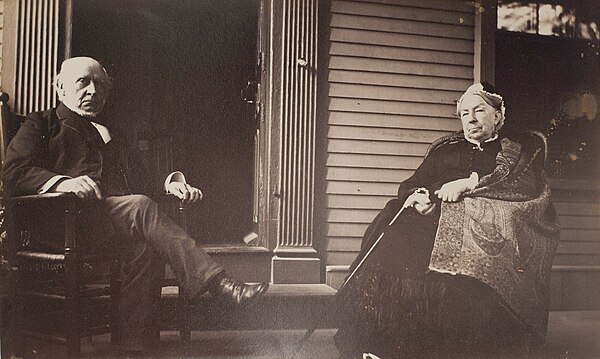 Mr. and Mrs. Adams on the porch at Peacefield in Quincy, photographed by Marion Hooper Adams