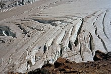 Shear or herring-bone crevasses on Emmons Glacier (Mount Rainier); such crevasses often form near the edge of a glacier where interactions with underlying or marginal rock impede flow. In this case, the impediment appears to be some distance from the near margin of the glacier. Chevron Crevasses 00.JPG