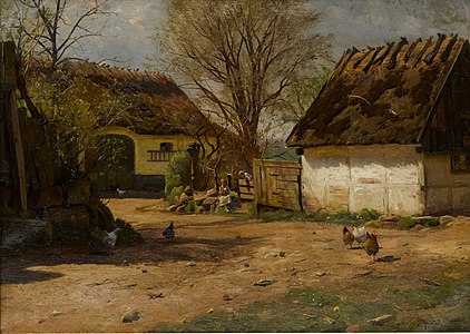 735. Peder Mønsted label QS:Len,"735. Peder Mønsted" Children in a sunlit farmyard