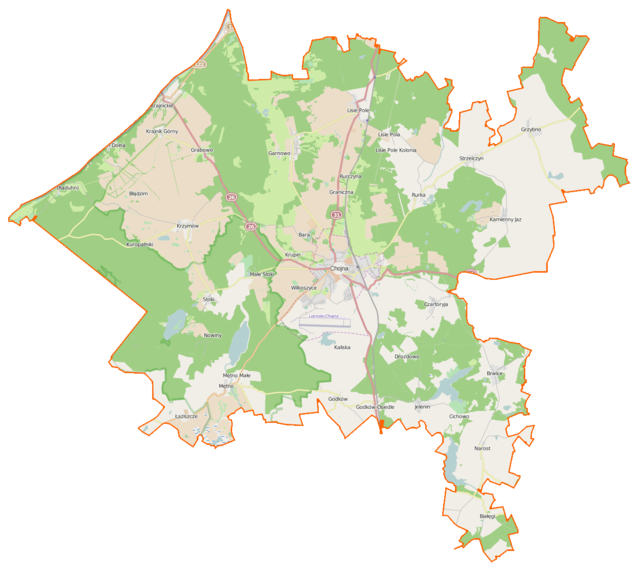 Mapa konturowa gminy Chojna, w centrum znajduje się punkt z opisem „Chojna”