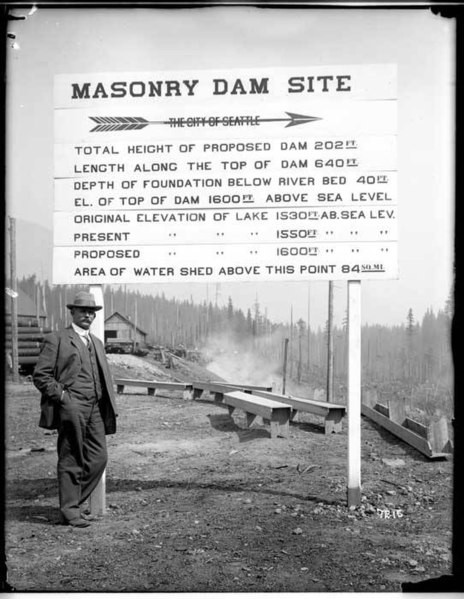 File:City Engineer RH Thomson and sign for new dam, ca 1912 (MOHAI 6145).jpg