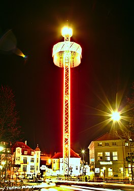 Mobile observation tower "City Skyliner" in Oldenburg, Germany. Passenger platform rising.