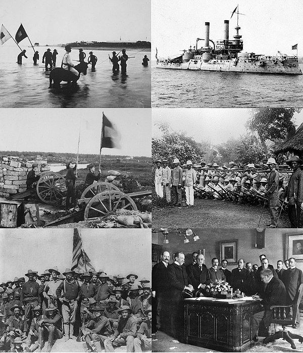 (clockwise from top left) Signal Corps extending telegraph lines USS Iowa at the Victory Fleet Review in August 1898 in New York Harbor Filipino soldi