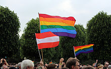LGBT pride rainbow flags and the Austrian flag at one of Conchita Wurst's concerts in 2014 Conchita Wurst Ballhausplatz 18-05-2014 04.jpg
