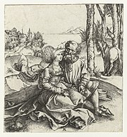 De ongelijke liefde: een oude man met een jonge vrouw[3] 1493-1497 Kopergravure 150 x 140 mm Bartsch 93