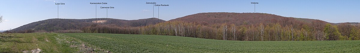 Widok z Radwanowic na Widomą, Dolinę Racławki i Dolinę Szklarki