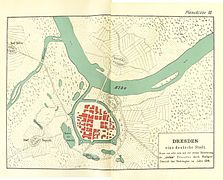 Barevná reprodukce historické mapy zachycující malé městské jádro s hradbami poblíž ramene řeky Labe