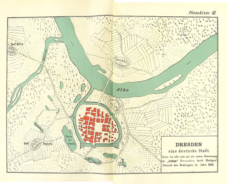Dresden zur Zeit der ersten Erwähnung als Stadt 1216 (nach Bruno Krause, 1893)