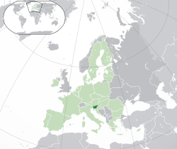Lage von Slowenien (dunkelgrün) - in Europa (grün & dunkelgrau) - in der Europäischen Union (grün)