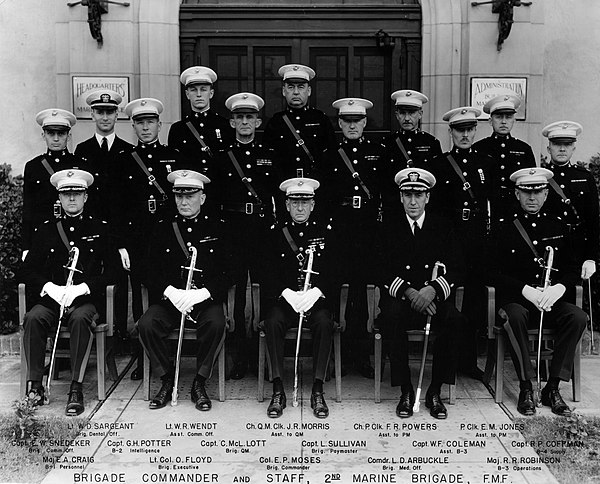 Captain Snedeker (second row, first from left) with the staff of 2nd Marine Brigade in July 1936.