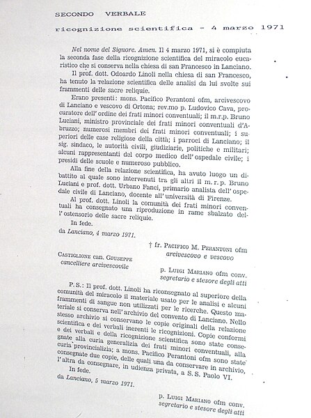 File:Eucharistic Miracle of Lanciano - public documentation - ricognizione scientifica - 4 marzo 1971.JPG