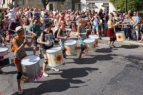 Samba ensemble playing at Stockholm Pride 2018