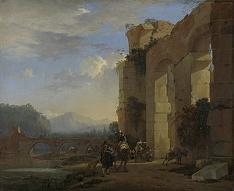 Paesaggio italiano con rovine di un ponte romano e di un acquedotto