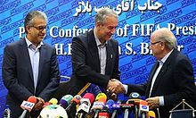 Blatter in a press conference with Presidents of Asian Football Confederation Salman Bin Ibrahim Al-Khalifa and Football Federation Islamic Republic of Iran Ali Kafashian in Tehran FIFA President Sepp Blatter and AFC President Salman Al-Khalifa with FFIIR President Ali Kafashian.jpg