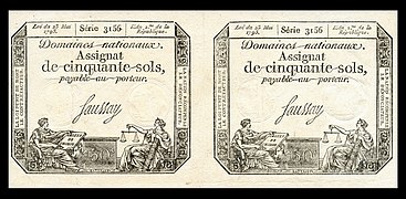 Domaines Nationaux Banknote, 1793 Issue, 50 Sols (uncut pair).