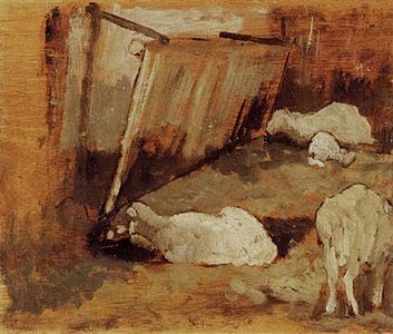 210 Sheep in the sheepfold label QS:Len,"Sheep in the sheepfold" 1870