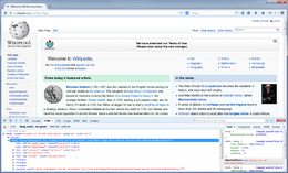 Firebug in esecuzione su Firefox 4, con la vista HTML attiva sulla pagina principale di Wikipedia.