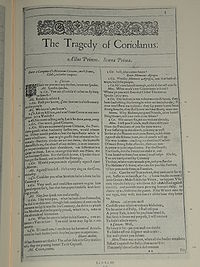 Faksimiler af første side i The Tragedy of Coriolanus fra First Folio, publiceret i 1623