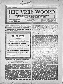 Front page of Het Vrije Woord Nov 16 1918 Front page of Het Vrije Woord Nov 16 1918.jpg