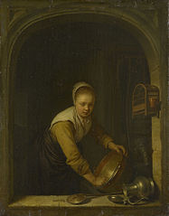 A Maidservant Scouring a Brass Pan at a Window