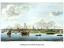 Blick auf Hamburg, vom Kleinen Grasbrook über die Norderelbe auf den Großen Grasbrook, um 1700. Zwischen Stadt und Grasbrook das Brooktor mit der dazugehörigen Brücke.