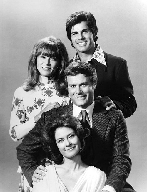 Cast of TV's Here We Go Again, from top: Dick Gautier, Nita Talbot, Larry Hagman and Diane Baker (1973)