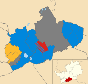Map of the results of the 2007 Hertsmere council election. Conservatives in blue, Liberal Democrats in yellow and Labour in red. Wards in grey were not contested in 2007. Hertsmere UK local election 2007 map.svg