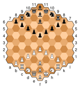 An image showing the initial setup of Gliński’s hexagonal chess.