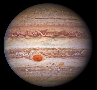 Jupiter imaged in visible light by the Hubble Space Telescope, January 11, 2017. Colours and contrasts are extremely enhanced.