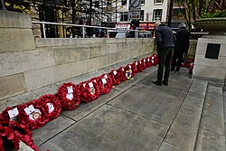 Wreathes on the right side of the Kingston upon Hull Cenotaph on Remembrance Sunday 2023.