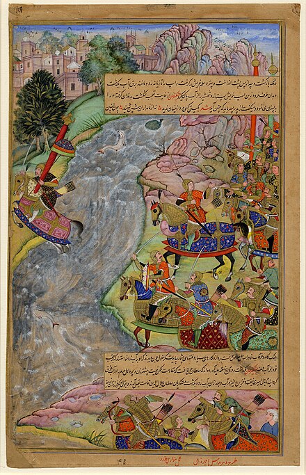 Jalal al-Din crossing the Indus River, escaping Genghis Khan and the Mongol army