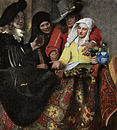 Bei der Kupplerin, 1656, Öl auf Leinwand, Gemäldegalerie Alte Meister, Staatliche Kunstsammlungen Dresden. Der Mann am linken Bildrand wird für eine Art Selbstbildnis Vermeers gehalten.