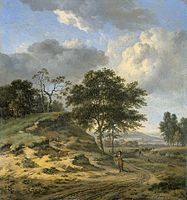 Landscape with two hunters label QS:Len,"Landscape with two hunters" label QS:Lnl,"Landschap met twee jagers" . 1655-1684. oil on canvas medium QS:P186,Q296955;P186,Q12321255,P518,Q861259 . 37 × 34 cm (14.5 × 13.3 in). Amsterdam, Rijksmuseum Amsterdam.