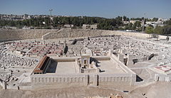 The Holyland Model of Jerusalem depicts Jerusalem during the late Second Temple period. The Temple Mount and Herod's Temple are shown in the middle. View from the east.