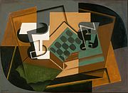 Juan Gris, Ŝaktabulo, glaso kaj telero, 1917