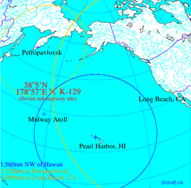 The recovery site of K-129 based on the intersection of three circles marking the distances to Long Beach, CA, Pearl Harbor, HI, and Petropavlovsk, Kamchatka. K129 HGE recoverysite.png