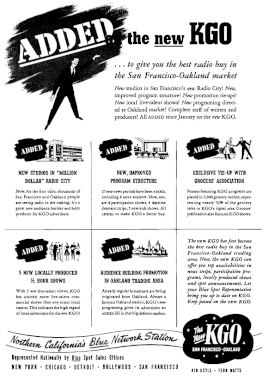 In 1942, KGO became the key western affiliate for the newly divested Blue (later American Broadcasting Company) radio network. KGO advertisement (1942).gif